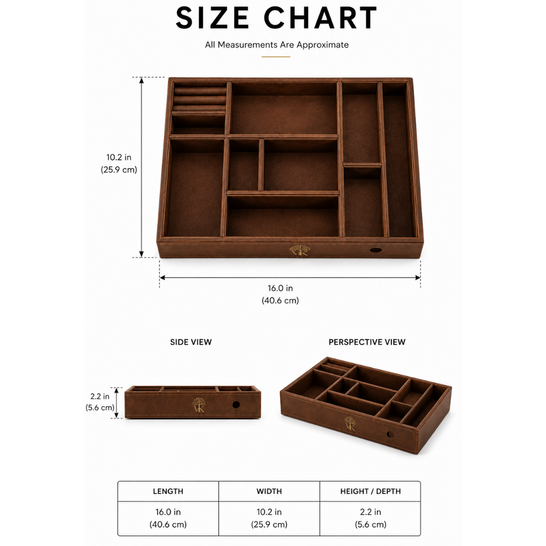 Men's Accessories Organizer size chart with measurements