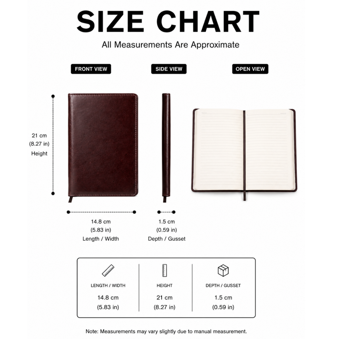 A5 Diary size chart with measurements