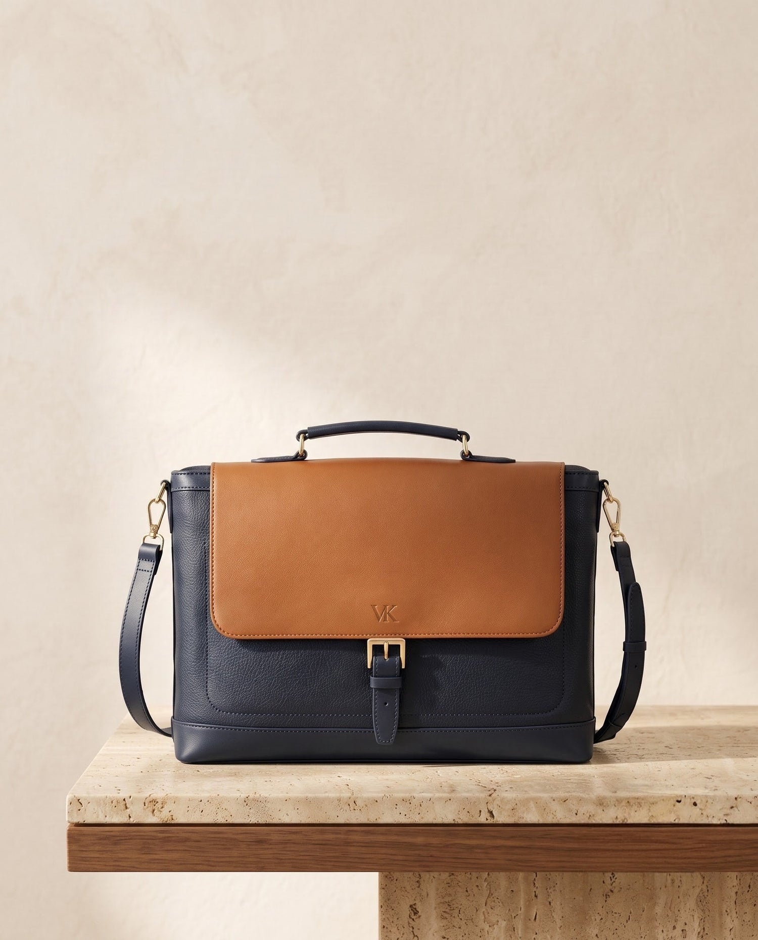 VK by CREDO Bags — navy and tan vegan leather messenger bag