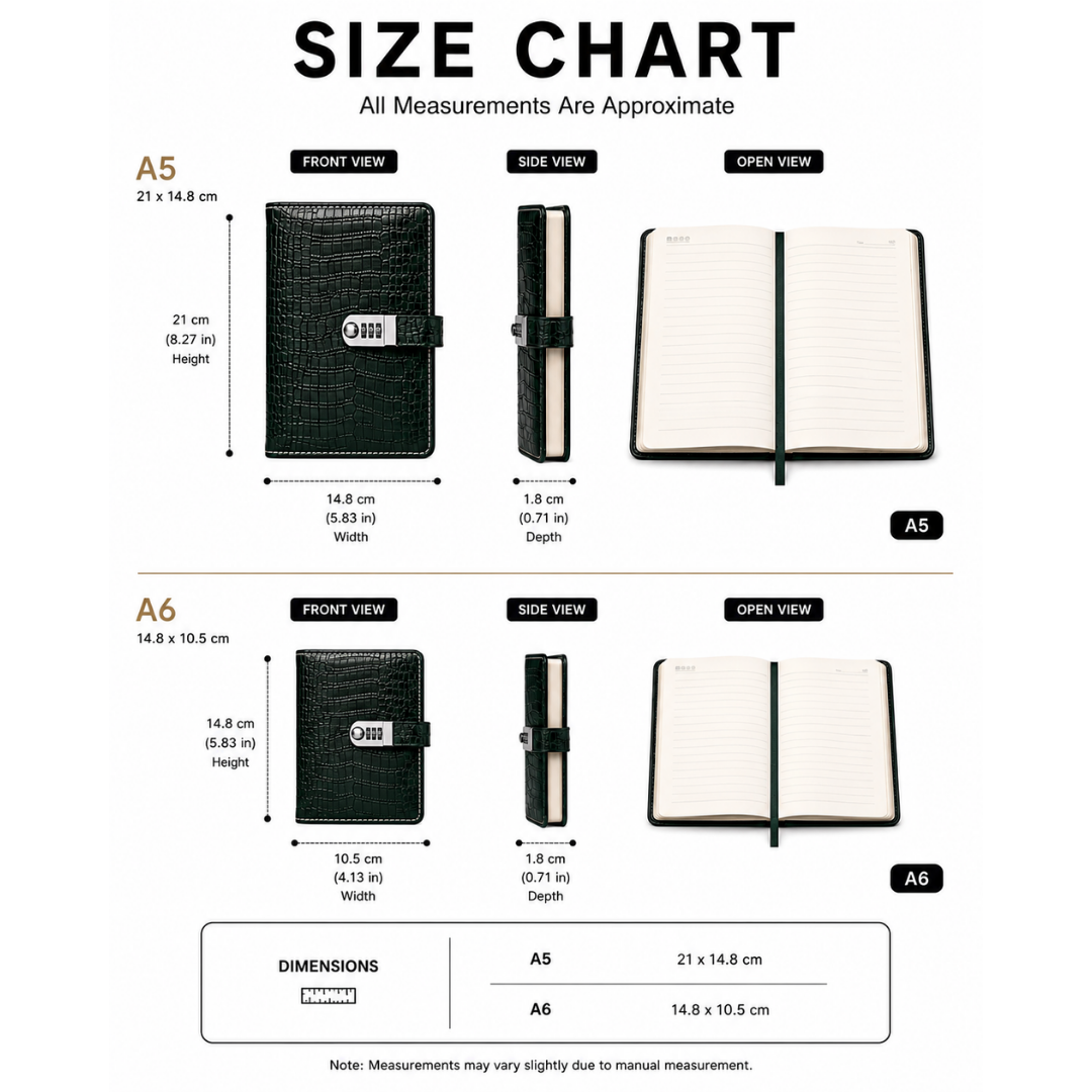Notebook size chart with measurements