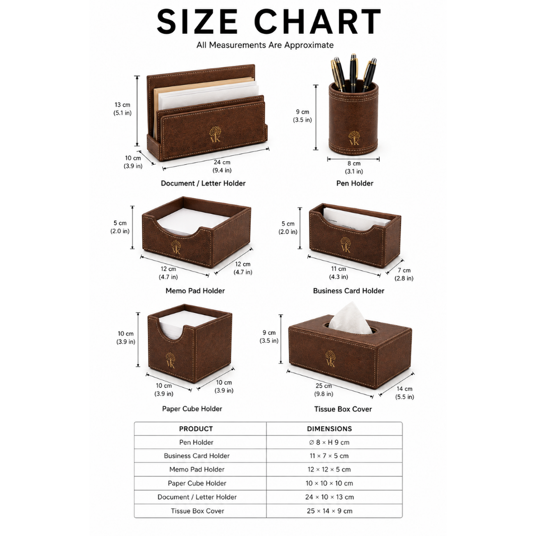 Desk Accessories Collection size chart with measurements