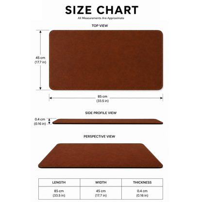 Desk Mat size chart with measurements