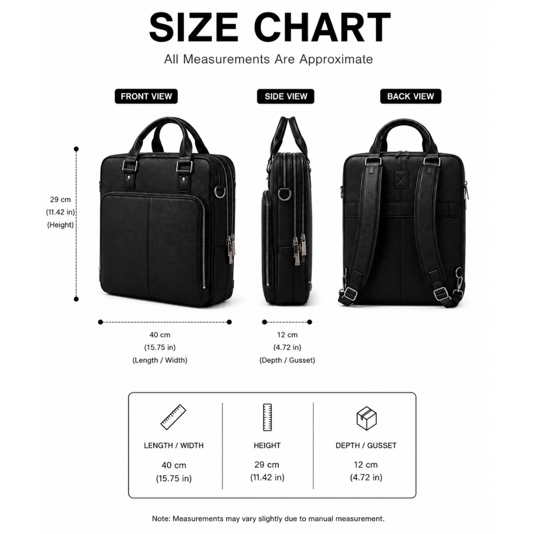 Backpack Convertible Laptop Bag size chart with measurements