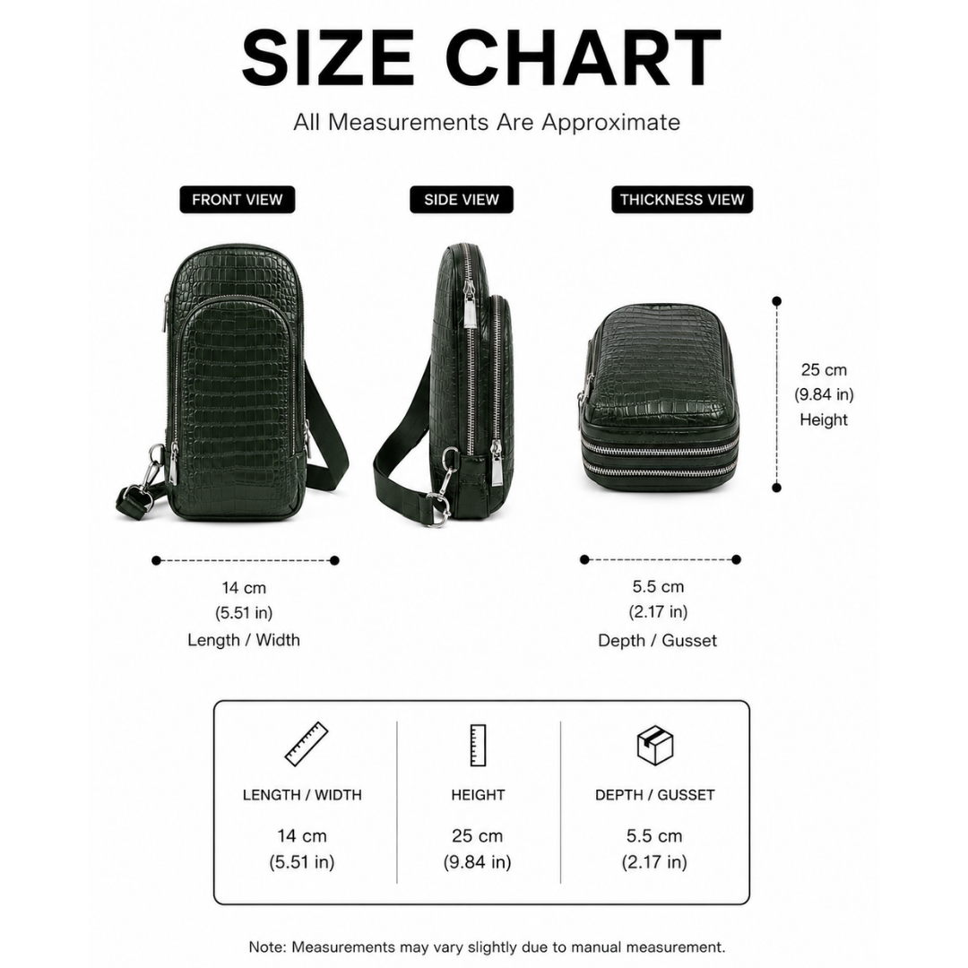 Everyday Crossbody Sling Bag size chart with measurements