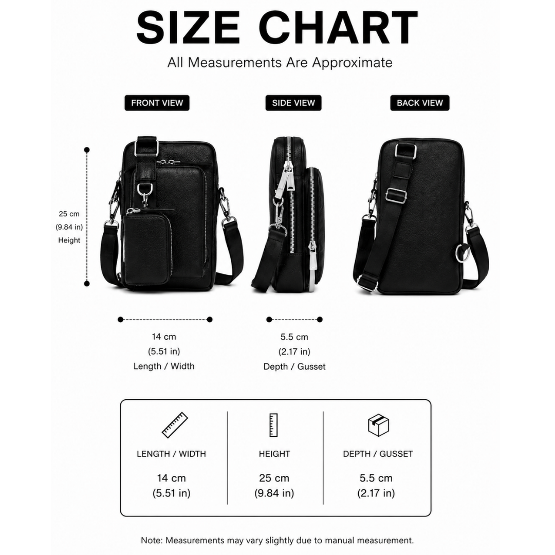 Crossbody Sling Bag size chart with measurements