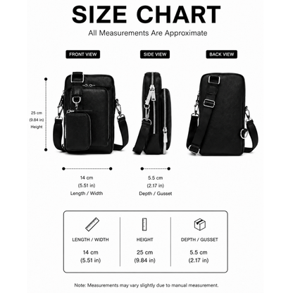 Crossbody Sling Bag size chart with measurements